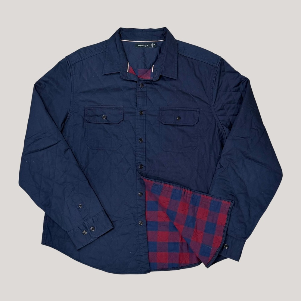 Nautica Quilted Plaid Twill‎ Jacket Mens XXL Navy Blue Flannel Lined Shacket